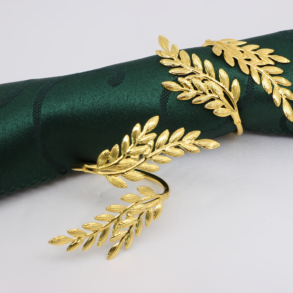 Set of 6 wheat ear design iron napkin rings, great for hotel wedding banquets. Golden plating, also available in silver.