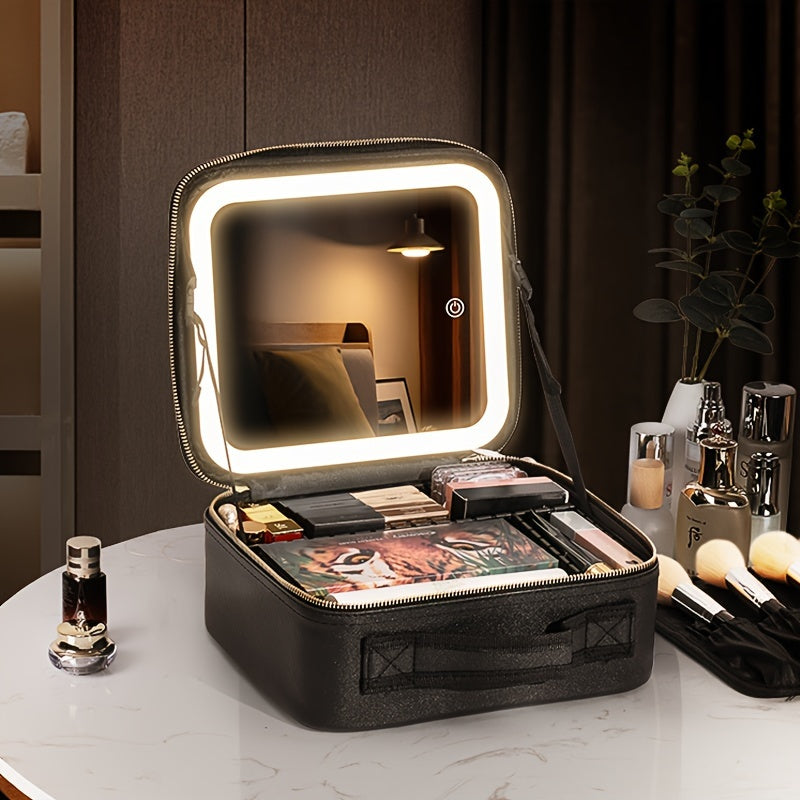 LED Travel Makeup Bag with Mirror, Adjustable Dividers, and 3 Color Settings, Organizer for Women's Beauty Tools