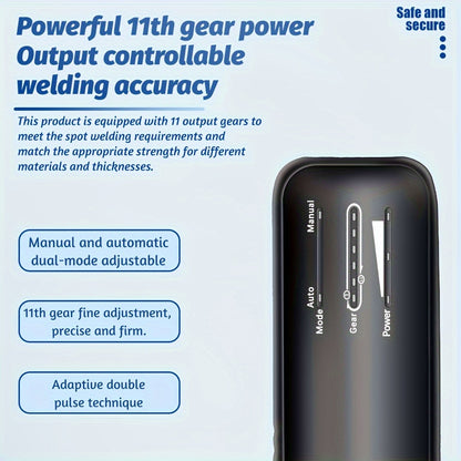 Portable hand spot welder with LCD display, 99 adjustable gears, USB charging, ≤36V operating voltage, lithium battery-18650 series, rechargeable battery, 0.1-0.25mm nickel plated welding.