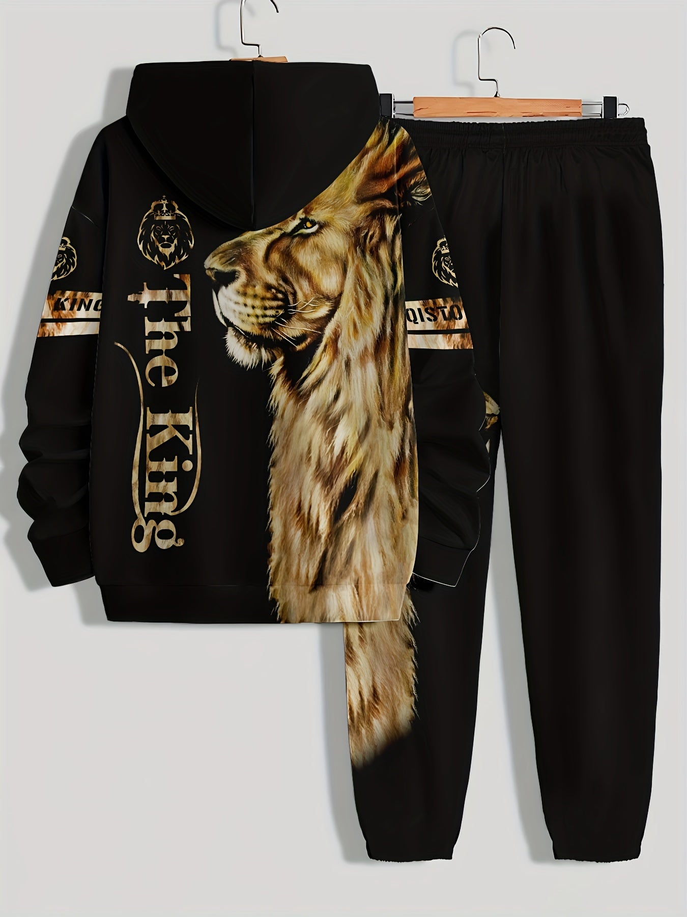 Men's lion print hoodie and sweatpants set made of polyester knit fabric. Regular fit with elastic waist and printed design for casual style.