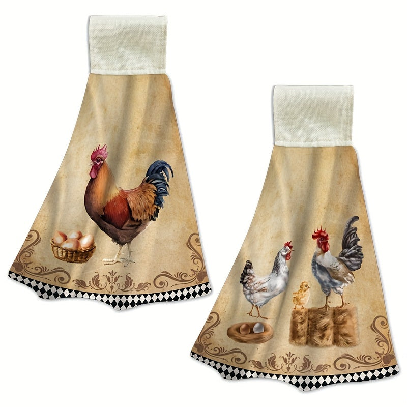 Woven microfiber rooster kitchen towels with vintage chicken design, set of 2. Hand washable, animal themed cloths with loop for hanging.