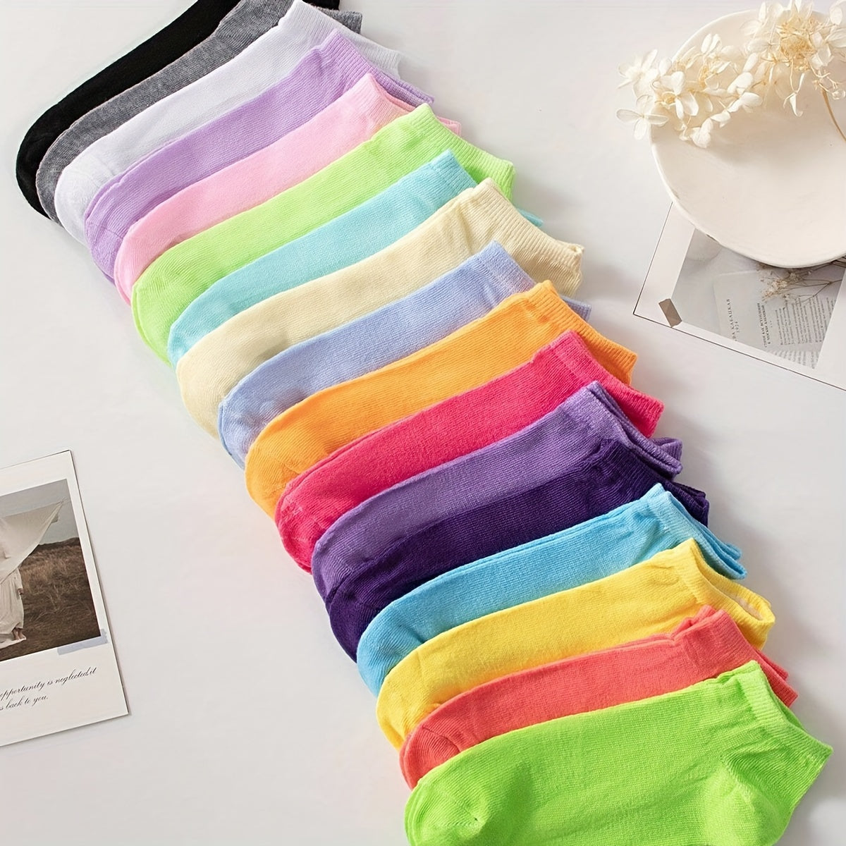 10 pairs of soft and comfy candy color ankle socks, perfect for gifting. Ideal for women's stockings and hosiery.