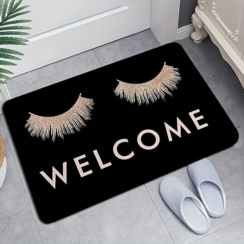 Pink eyelashes and letters patterned kitchen rug made of polyester vinyl material. This mat is anti-slip and absorbent, perfect for use in the kitchen, home office, sink area, or laundry room. It also provides anti-fatigue properties for added comfort.