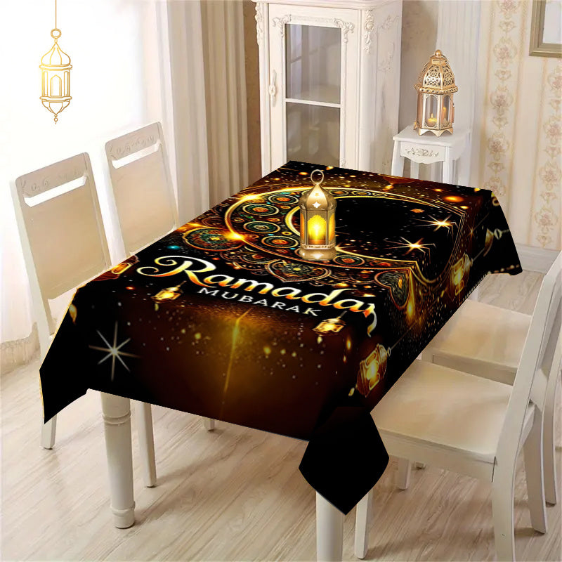 Elegant Ramadan Mubarak tablecloth with ethnic moon print, ideal for Eid celebrations, picnics, and home decor.