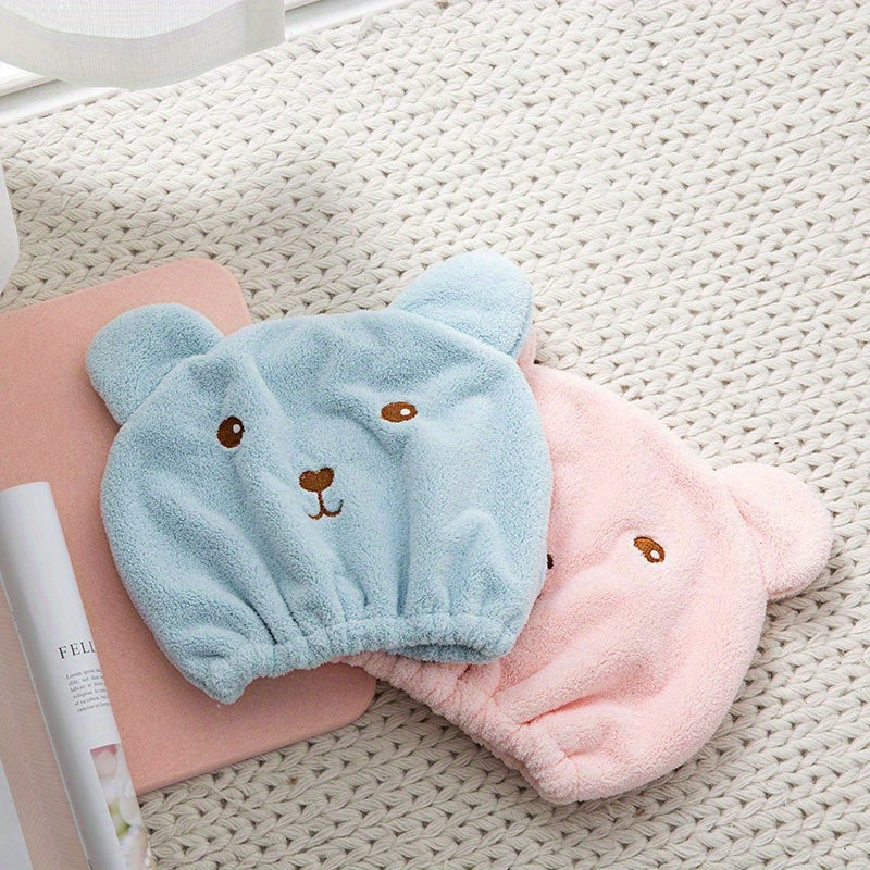 Modern cartoon bear hair towel made of thickened coral fleece, absorbent, fade resistant, lightweight quick-dry cap.