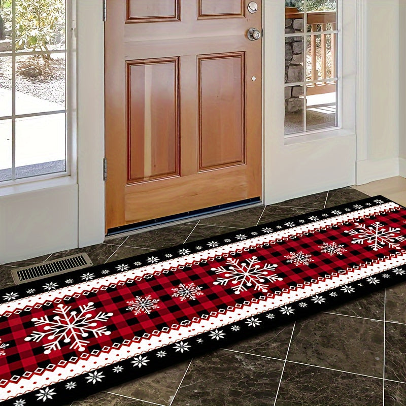 Christmas Snowflake Runner Rug in Festive Design, Non-Slip Polyester Tapestry, Machine Washable, Perfect Holiday Decor for Entryway, Living Room, Bedroom, Outdoor Patio, Garden - Features Black and Red Grid Design