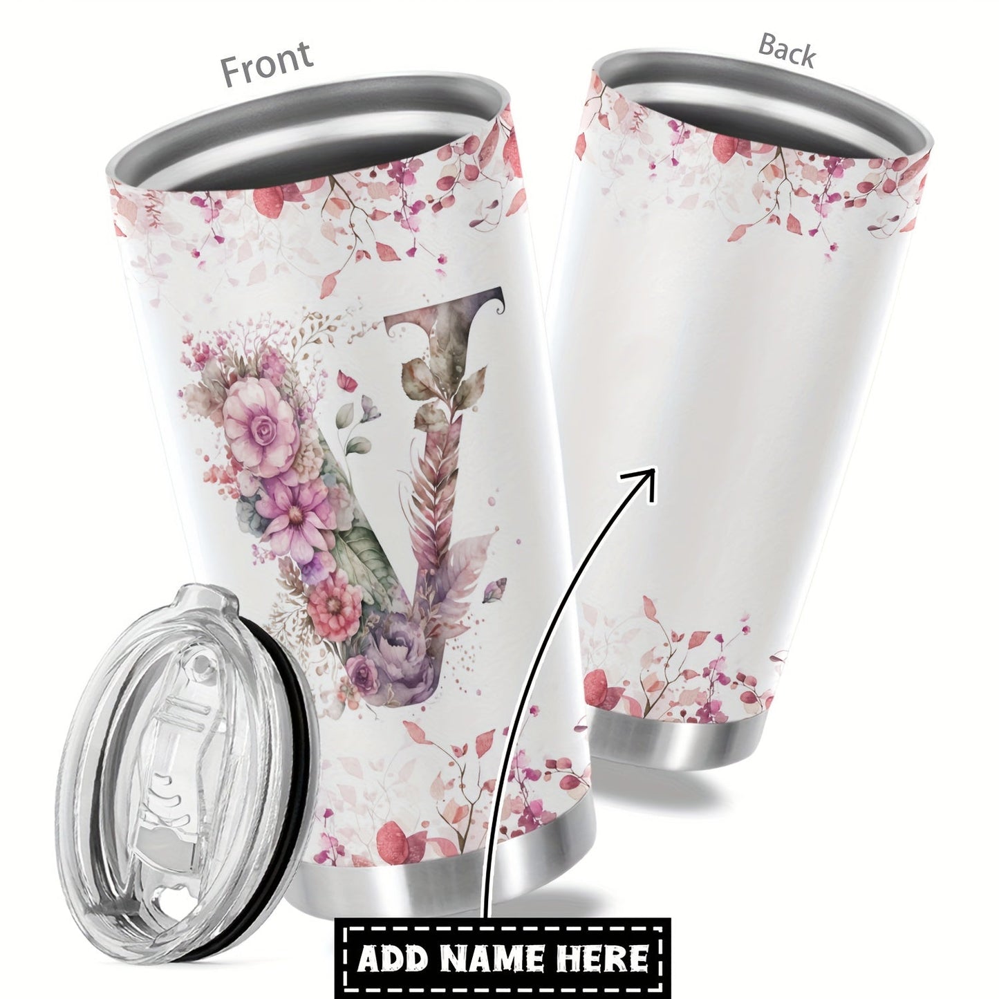 Customize your daily essentials with our Hsdiokl 20oz Insulated Stainless Steel Tumbler featuring a personalized name and flower design. This oval metal mug comes with 2 BPA-free lids, perfect for hand washing and multipurpose use. Designed for adults