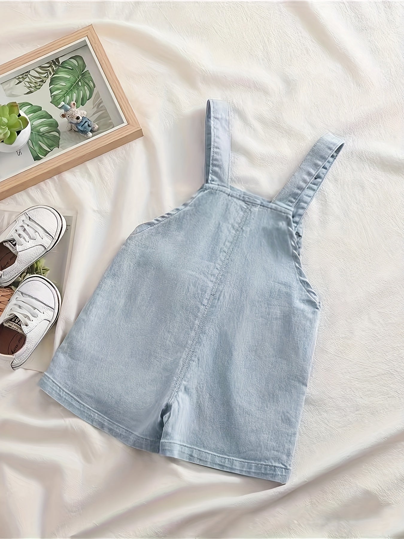 Cute rabbit patched denim jumpsuit for baby girls, perfect for summer.