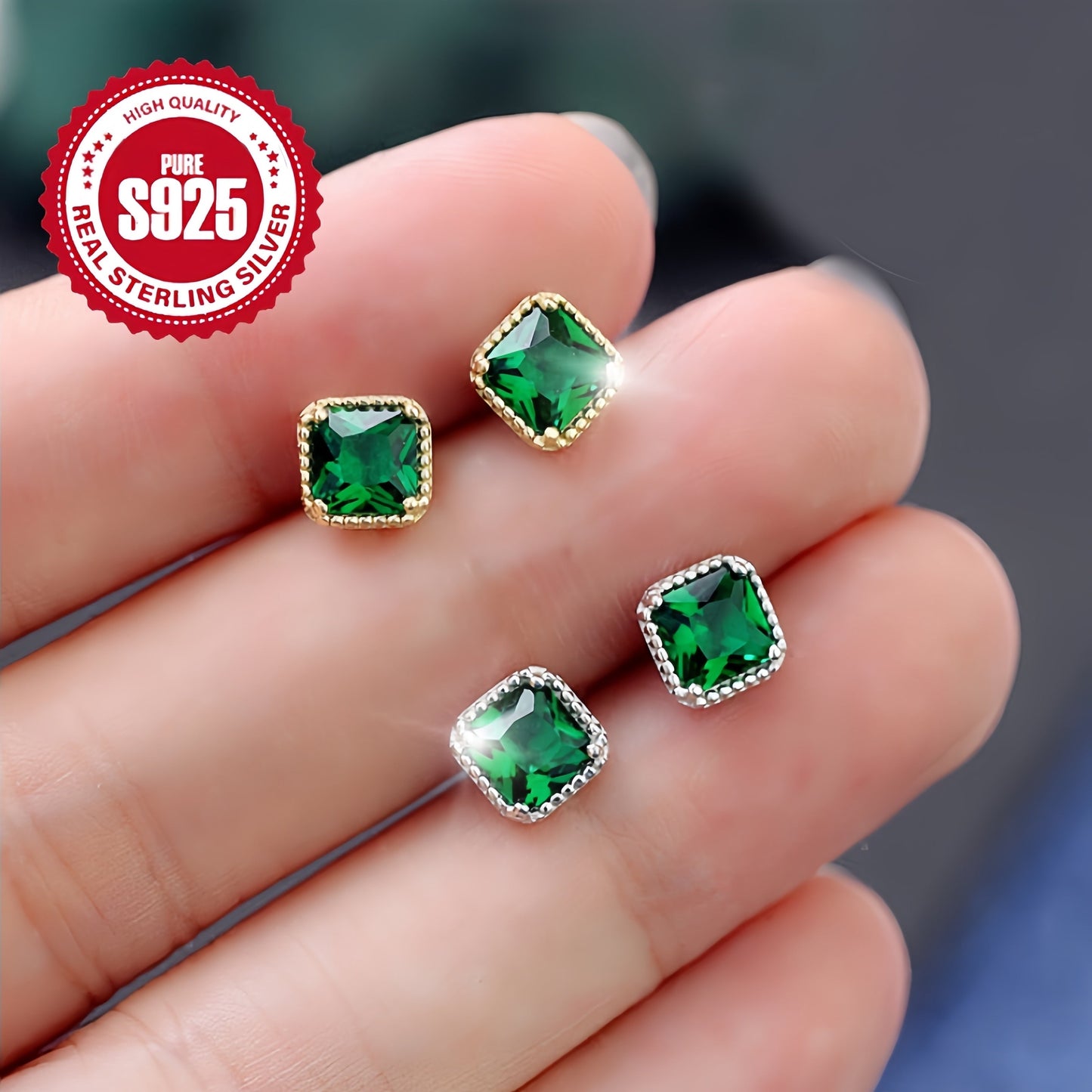 S925 Silver Square Earrings with Green Zirconia for Mother's Day, Vintage Grandmother Style, Lightweight at 1.4g per Pair, Hypoallergenic