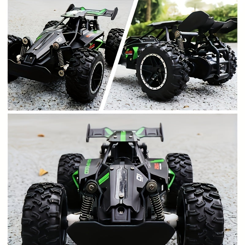 1:18 scale off-road RC car with 2.4G remote control, independent shock absorbers, dual battery, and large tires for all-terrain play.