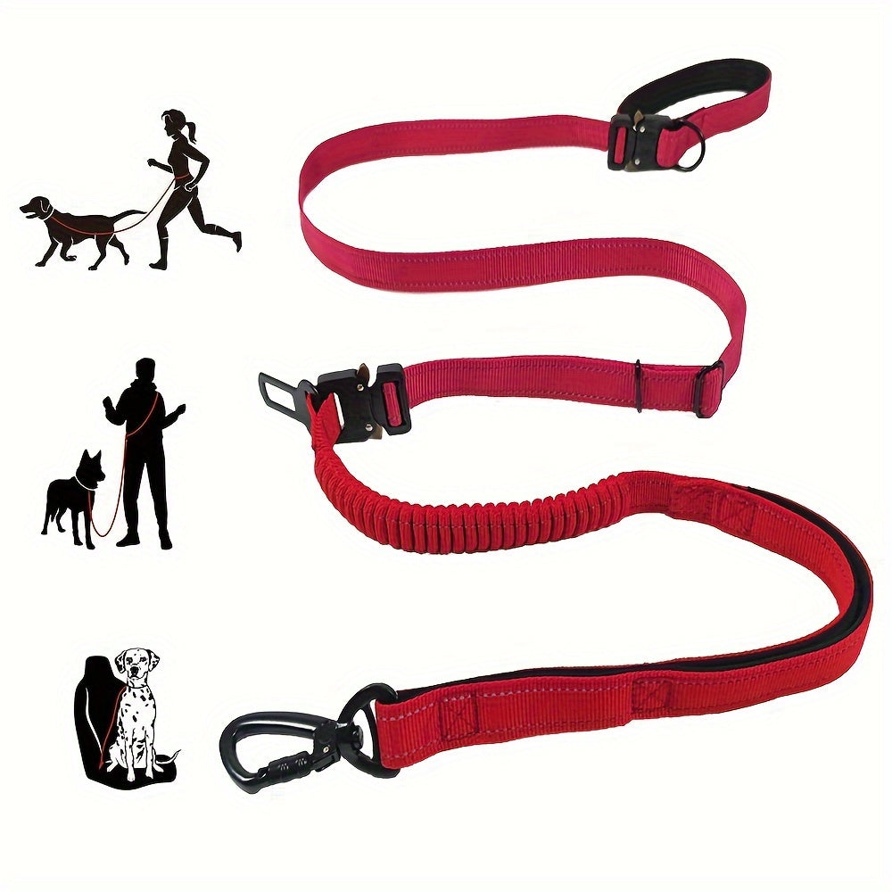 6-in-1 Hands-Free Dog Leash for Medium to Large Dogs - 3.05m, Striped Polyester, Full Metal Fittings, Safety Car Seat Belt, Shock Absorbing Bungee