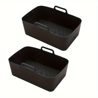 Two food-grade silicone air fryer liner trays, rectangular oven mats for baking pans, perfect for flat bottom pots. They are easy to clean, reusable, and resistant to high temperatures. These non-stick baking pans are an essential addition to your