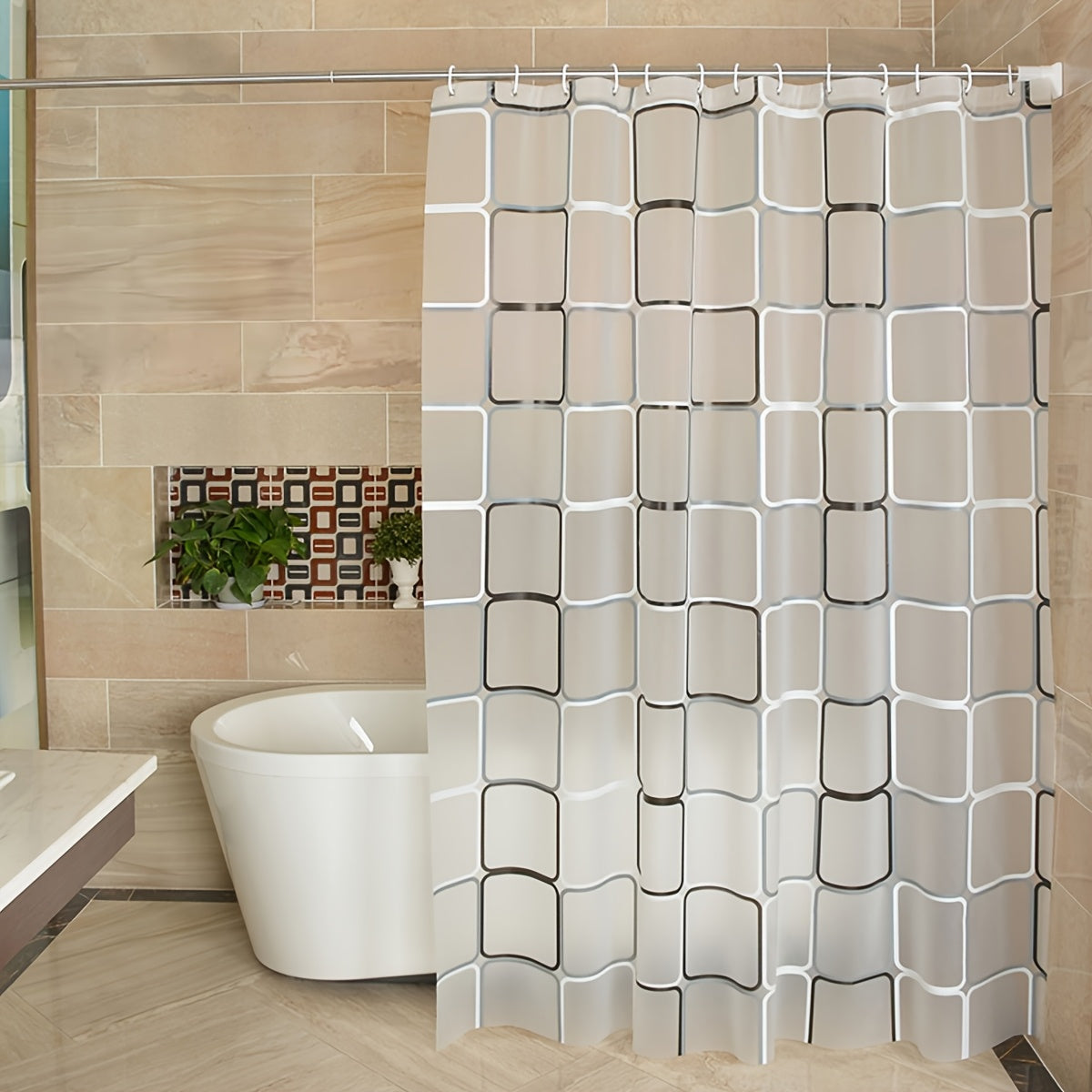 EVA Polyethylene Checkered Bath Drape with Durable Metallic Grommets and Plastic Hooks, Water-Resistant and Lightweight for All-Season Space-Themed Shower Partition