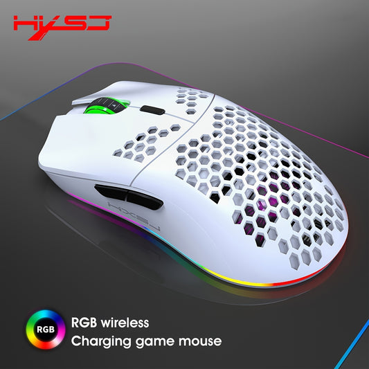 Wireless gaming mouse with RGB lighting, rechargeable, honeycomb design, USB plug & play, and right-handed comfort in white.