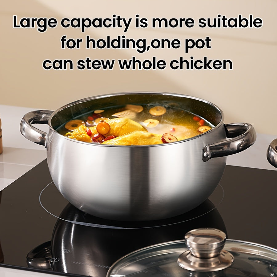 This stainless steel round pot set includes 3 pots and 3 lids, featuring a double handle design. They are dishwasher safe and compatible with various stoves, making them ideal for both home and restaurant cooking. The pots are perfect for preparing