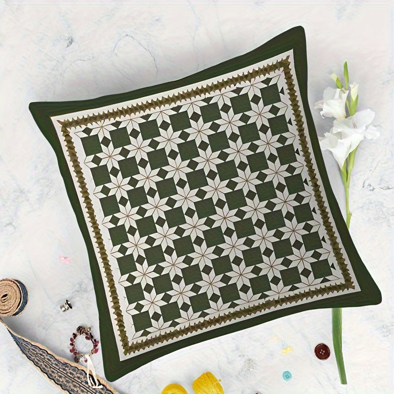 Chic geometric green throw pillow cover with charming design, 44.96x44.96cm in size. This reversible cover features a double-sided print and zipper closure for easy use. Made of machine-washable polyester, perfect for adding a touch of style to any room