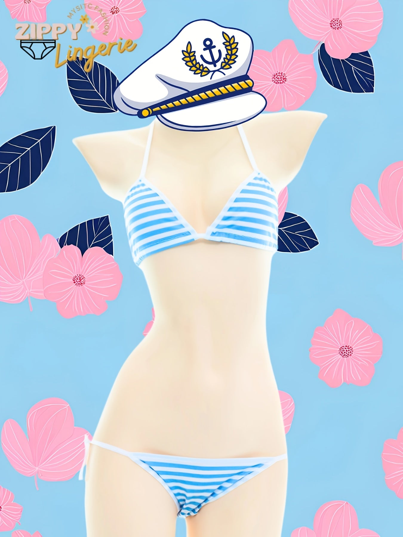 Cute blue and white striped bikini inspired by Deadpool, perfect for Valentine's Day student cosplay, featuring adjustable tie straps and a three-point style.