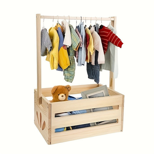 Wooden Closet Organizer with Hanging Rod and Storage Bin - Multi-purpose Plywood Shower Gift Basket, Welcome Gift Crate with Handle