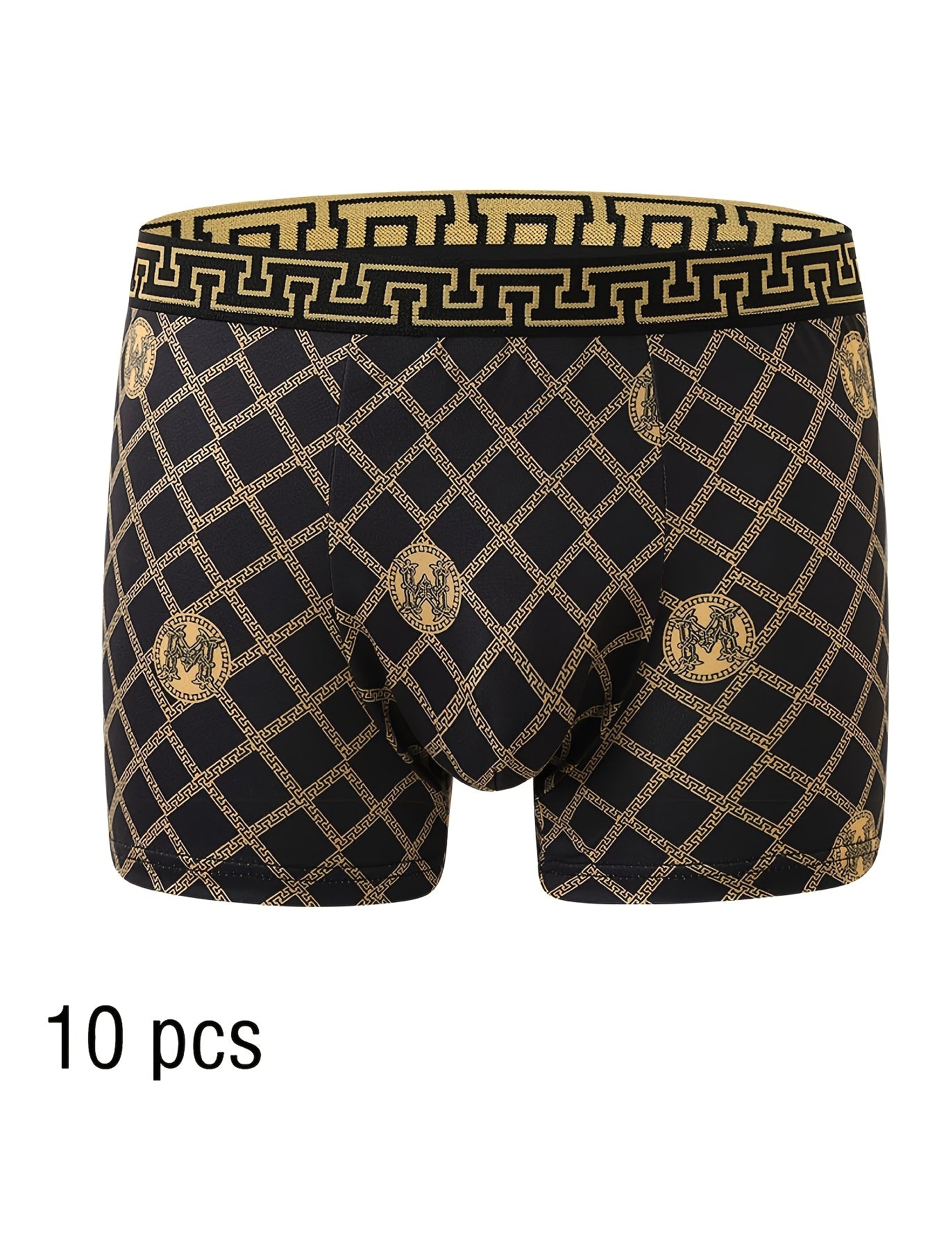 10 Men's Boxer Briefs, Black/Gold Print, High Stretch Polyester, Quick-Dry, Comfort Fit for Golf