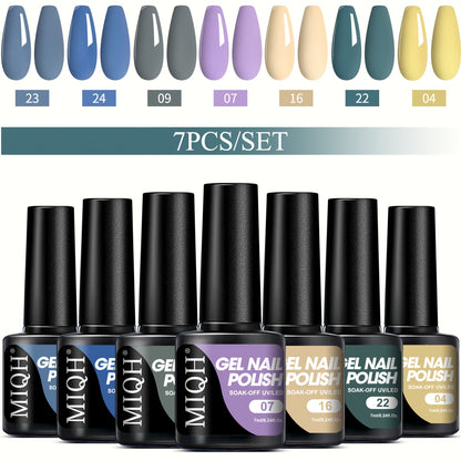 7-piece gel nail polish set in black, white, and nude shades. Semi-permanent, soak off UV/LED varnish. Unscented for hands, feet, and nails.