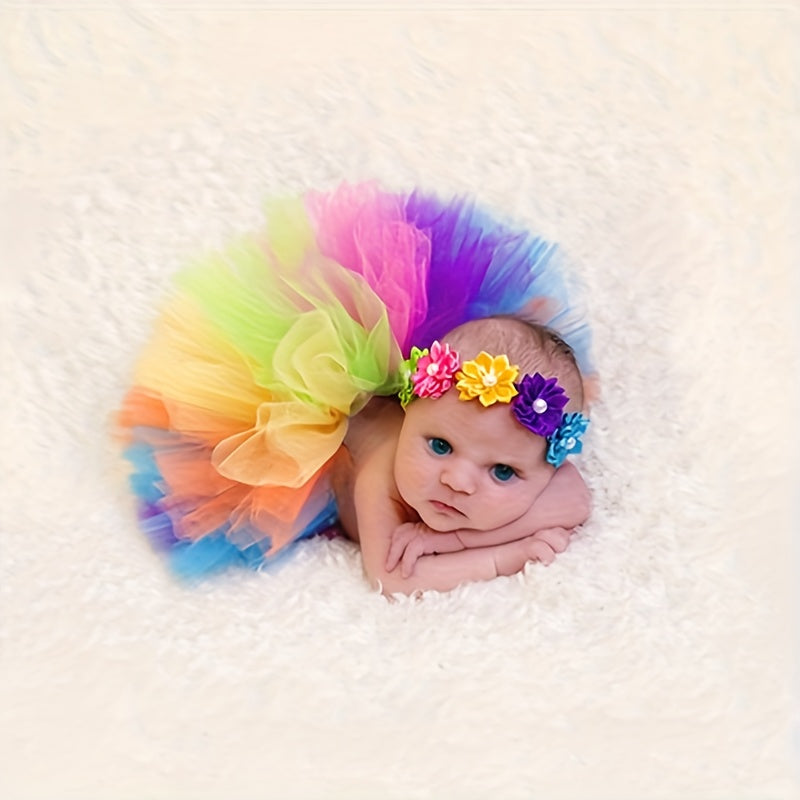 Adorable Rainbow Tutu Skirt with Flower Headband - Perfect for Photography Props, Outfits, or Costumes! Ideal for Christmas, Halloween, Thanksgiving, New Year's, or Valentine's Day Gifts