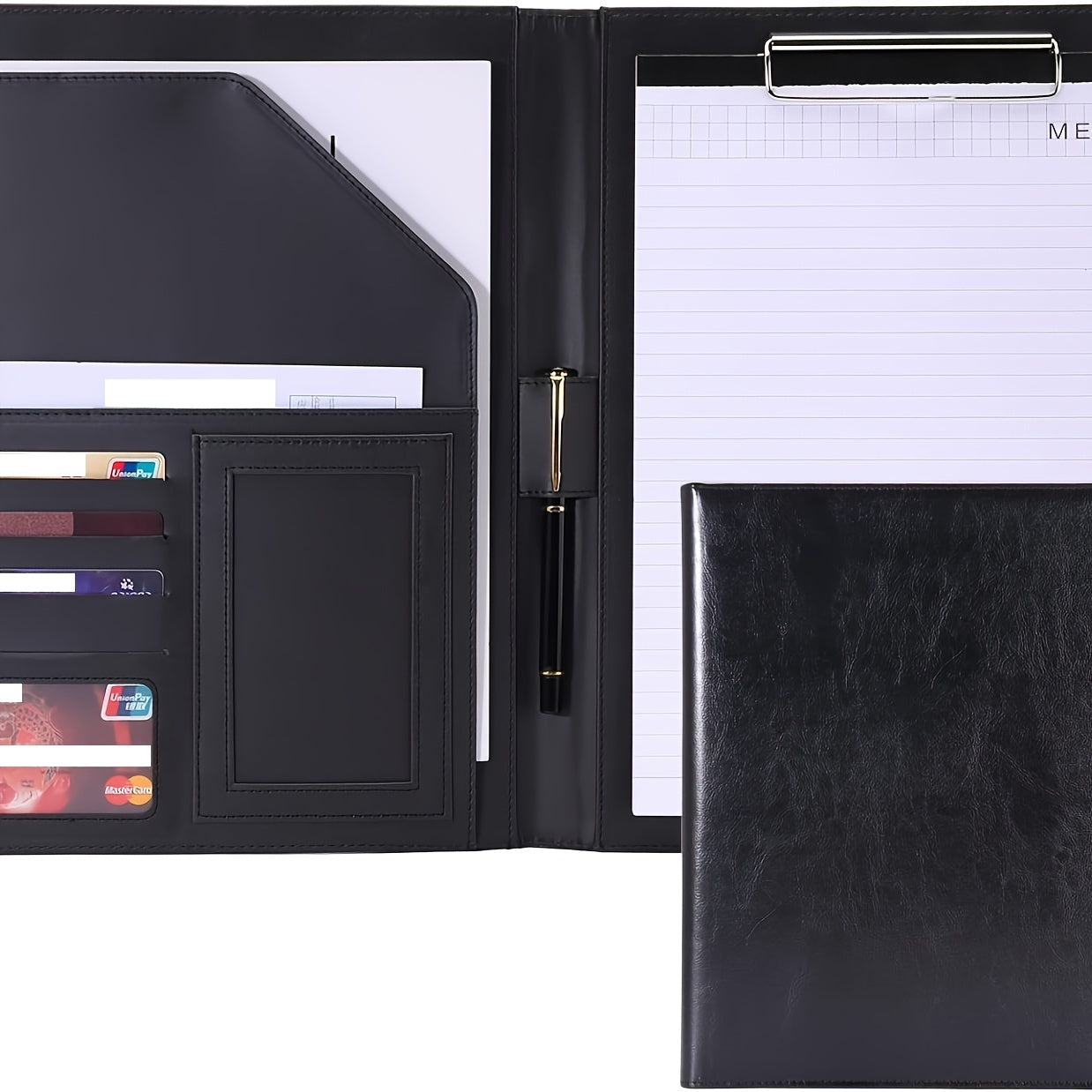 Black faux leather clipboard folder with resume & interview organizer, business card holder, pen loop, smartphone pocket - professional office accessory kit.