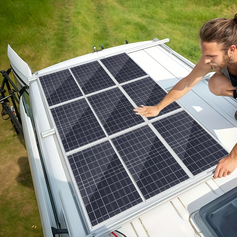 Portable solar panel kit with controller options, multiple voltage outputs, and USB charger for various applications like camping, hiking, RV, and security cameras.