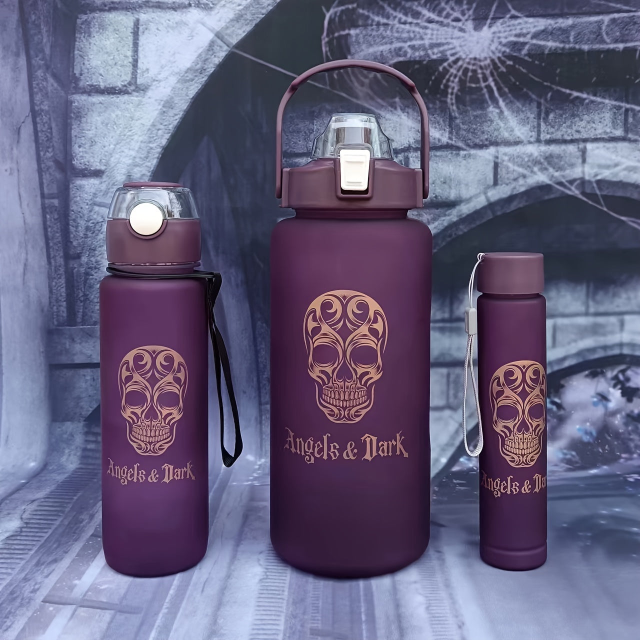 Halloween Skull Water Cup Set includes 3 leak-proof sports water bottles with straw and time mark. Ideal for office, school, gym, and outdoor activities. Perfect for Halloween decoration or holiday gift.