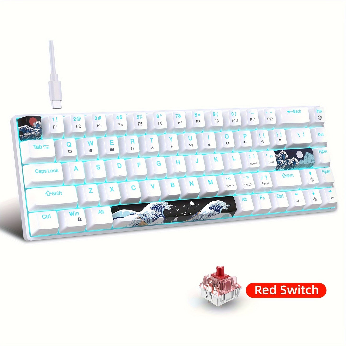 HXSJ ergonomic wired mechanical gaming keyboard with 68 keys, PBT custom dye sublimation keycaps, backlit, USB powered, includes USB cable and keycap puller, for computers/laptops.