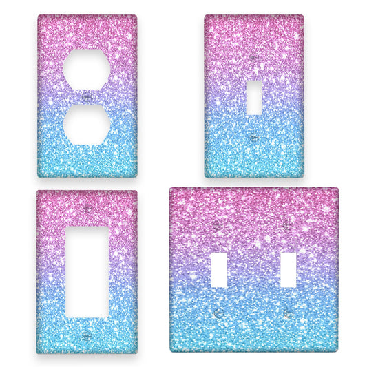 Pink starry sky art wall plate for light switches, indoor & outdoor use, PC material, gradient glitter design. Decorative cover for bedroom, kitchen, and more. Option for 1 or 2 gangs. Reusable cover with celestial decor.