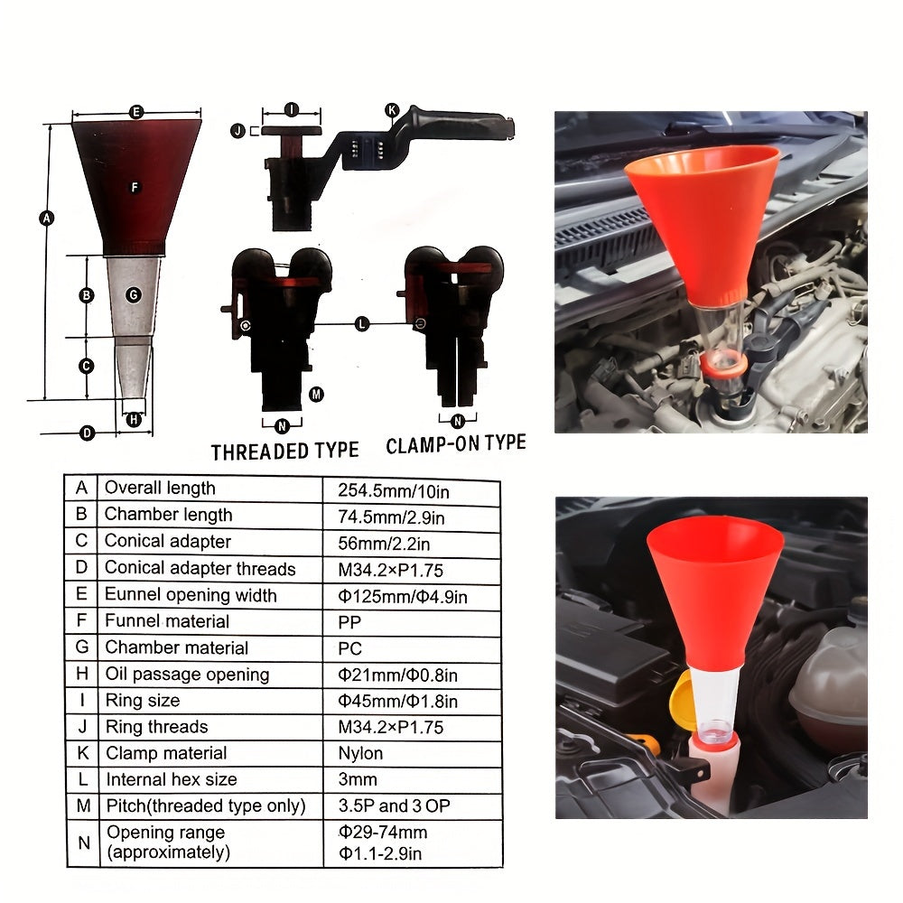 Universal funnel set for car engine oil filling, featuring adjustable width holding clamp and PVC plastic construction for versatile and efficient oil pouring.