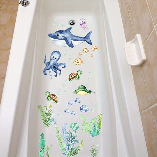 6 waterproof bathtub stickers featuring shark, seaweed, and octopus patterns to prevent slipping.