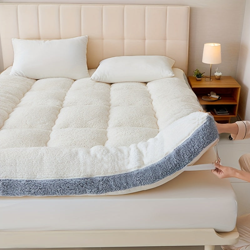 Sherpa fleece mattress topper, plush, hypoallergenic, machine washable, pull-on closure, quilted milk velvet fabric, 3-5cm thickness, provides warmth for autumn and winter.