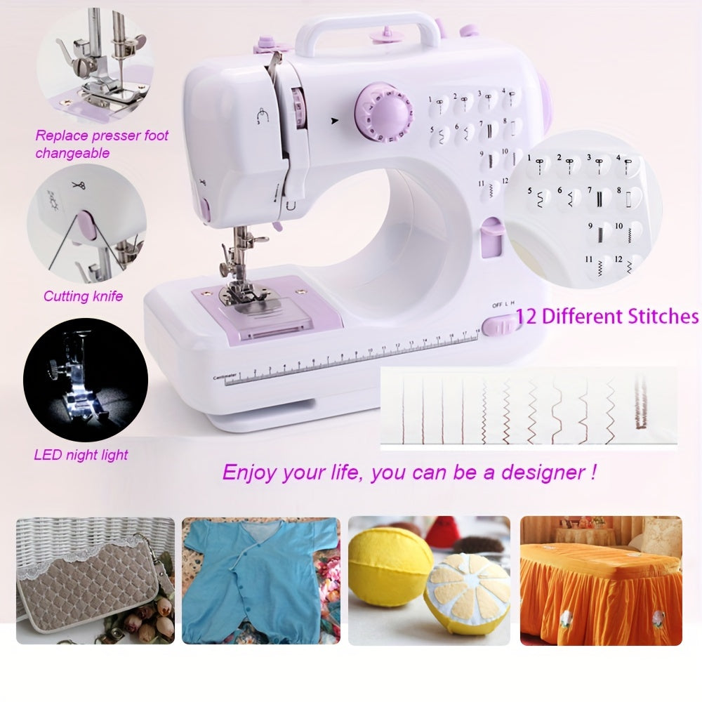 505A Portable Electric Sewing Machine - 12 Stitches, Adjustable Speed, Reverse Function, Ideal for Beginners & Home Use, Purple