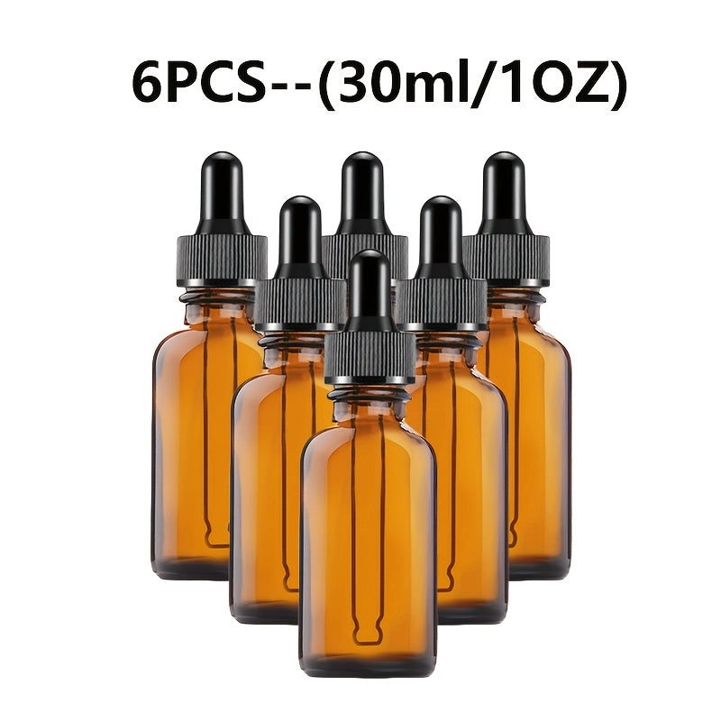 12/6 amber glass dropper bottles with teal glass droppers, in 30ml and 60ml sizes. Ideal for cosmetics, perfumes, essential oils, and lab dispensing.