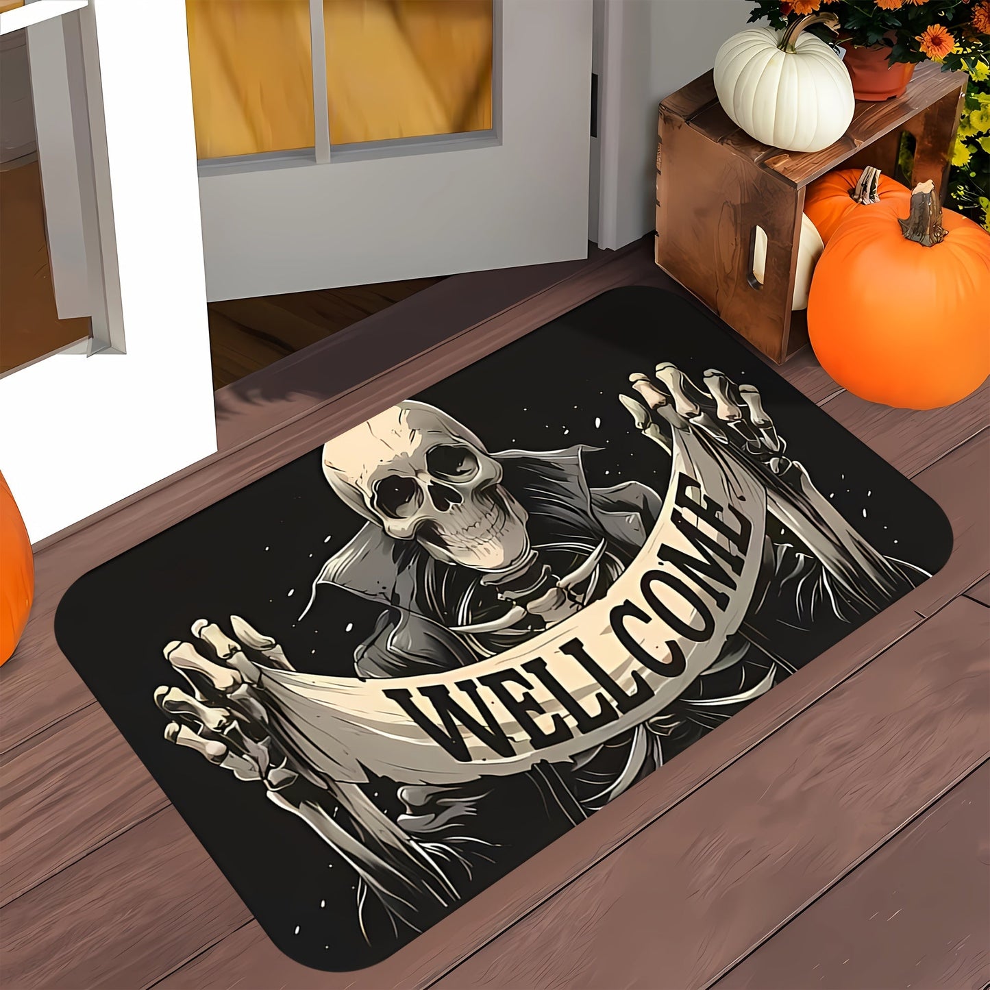 Enhance your home decor with the Halloween Skull Welcome Door Mat. This non-slip, easy-to-clean, stain-resistant rug is made of machine washable flannel memory foam and perfect for use in the bathroom, living room, bedroom, kitchen, office, or vacation