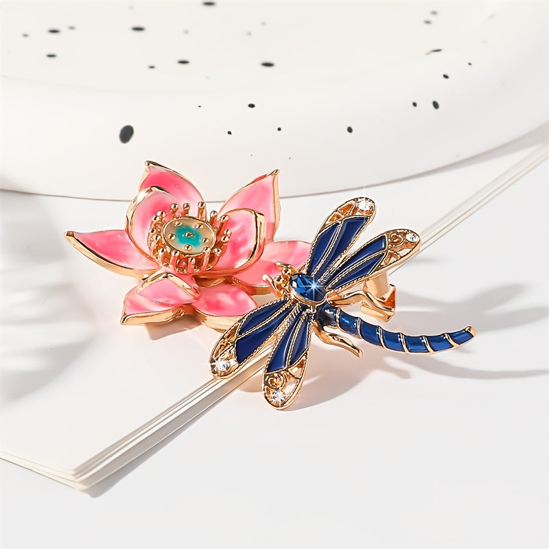 Stylish Enamel Lotus Flower and Dragonfly Brooch With Rhinestones - A Versatile Fashion Accessory for Women