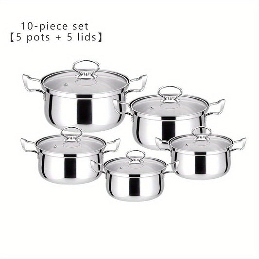 Set of 10 pieces including a line-handled pot, stainless steel wire-handled milk pot, stainless steel soup pot, and steamer pot.