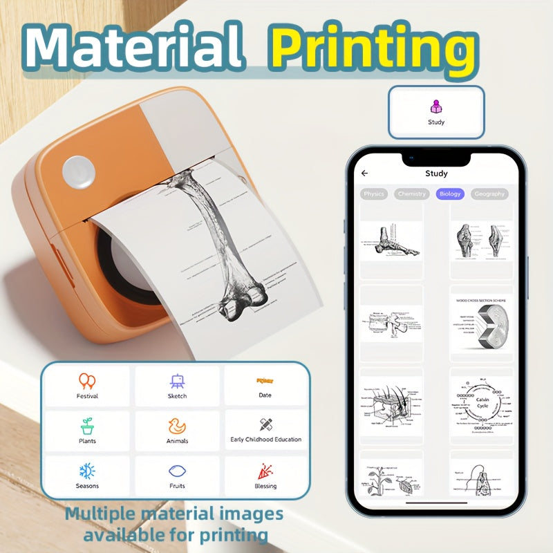 DOLEWA Portable Mini Printer - Inkless Thermal Printing, Wireless Connectivity for iOS & Android, Rechargeable Battery, Includes Paper Rolls, USB Charging, Compact Design in Pink/White.