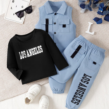 Boys' 3-piece casual outfit set made of cotton blend material. Includes long sleeve shirt, vest, and pants with button details and slight stretch. Suitable for spring/fall season, regular