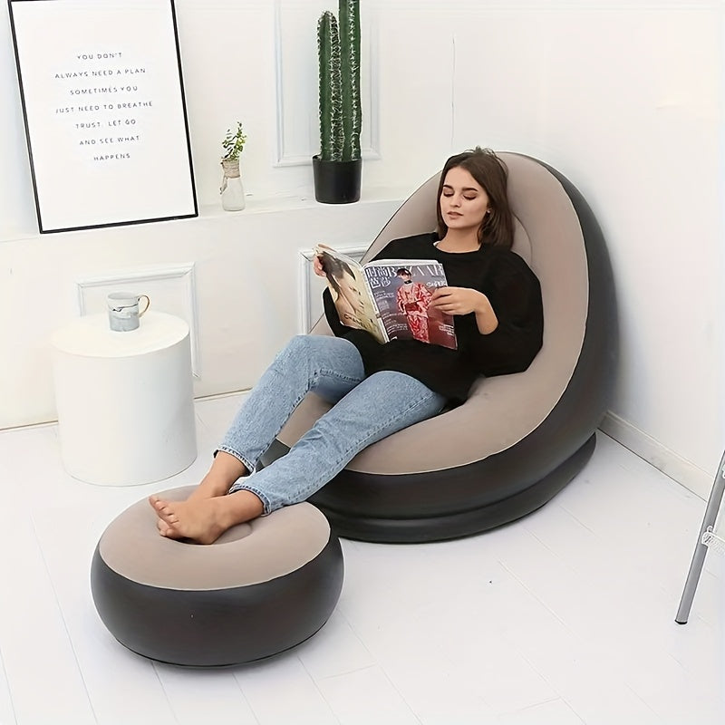 The Inflatable Lazy Sofa Chair with Footrest is a portable and foldable outdoor lounger made of comfortable velvet fabric. It is easy to clean and can be used for various purposes. No assembly is required, and it includes an inflation pump. It is