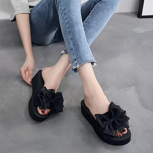 Women's Bowknot Wedge Heeled Sandals, Open Toe Platform, Slip On Comfort.