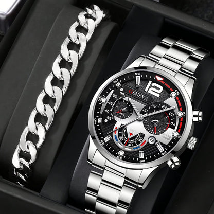 Men's Stainless Steel Quartz Wristwatch with Calendar and Business Bracelet - Perfect Gift for Men's Fashion