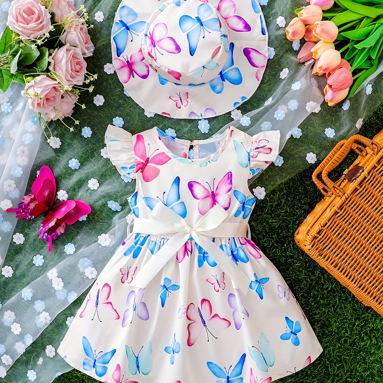 Cute Toddler Girls' Butterfly Print Dress and Matching Hat Set - Flutter sleeve design, perfect for summer vacations, made from polyester and spandex blend