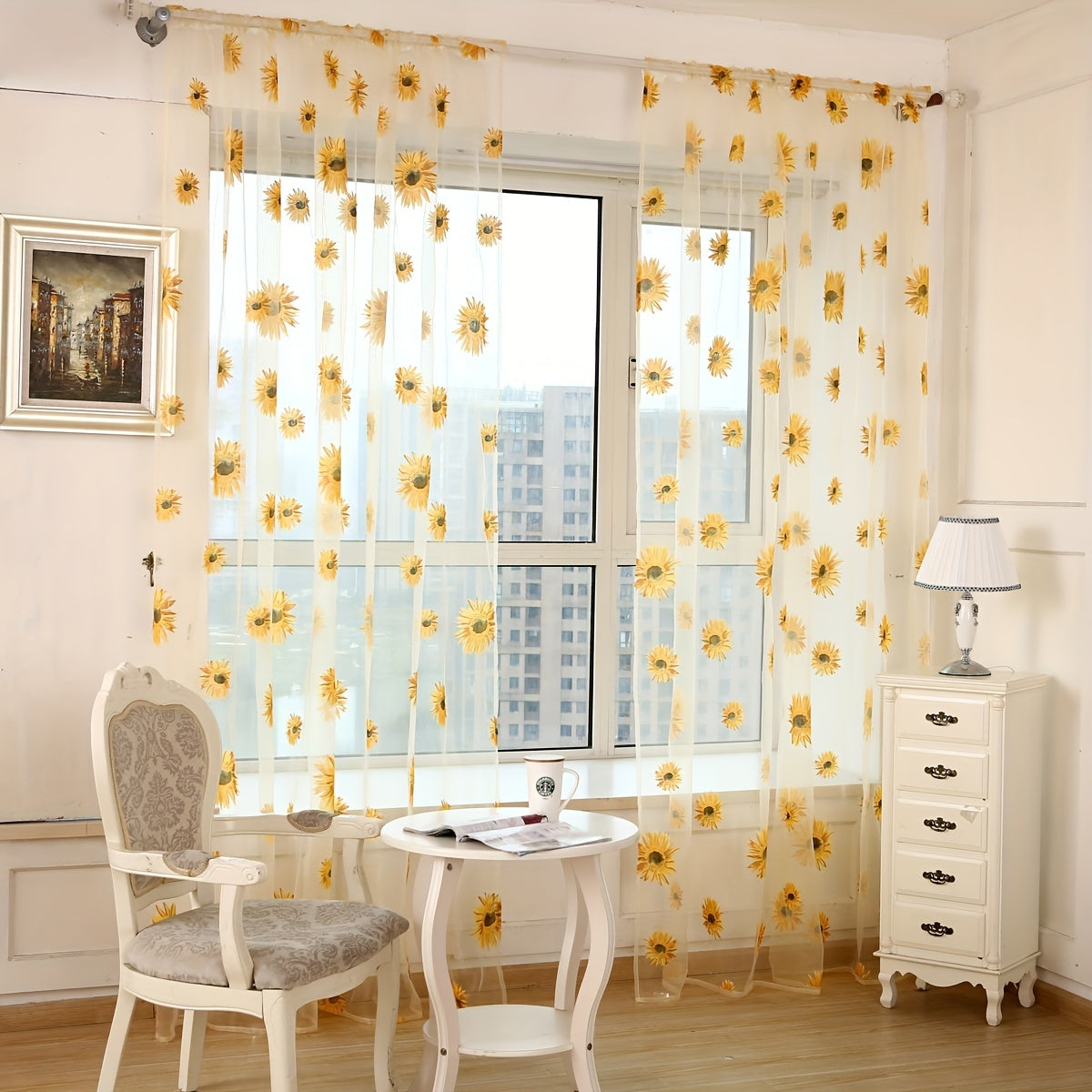 Sunflower Printed Sheer Curtain with Thin Flower Design - Ideal for Bedroom, Office, Kitchen, Living Room, Study - Rod Pocket Window Treatment for Home Decor and Aesthetic Room Decoration