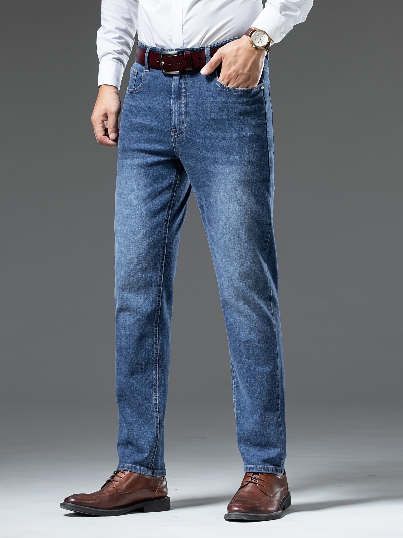 Stretch denim jeans for plus size men, comfortable straight-leg pants suitable for casual or business wear, machine washable.