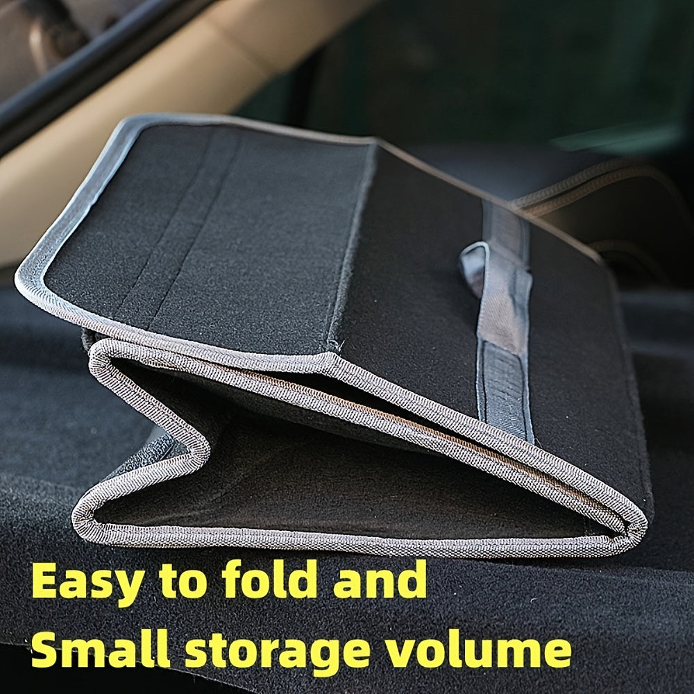 Folding storage box for car interior in black and grey, featuring hook-and-loop fastener for easy installation.