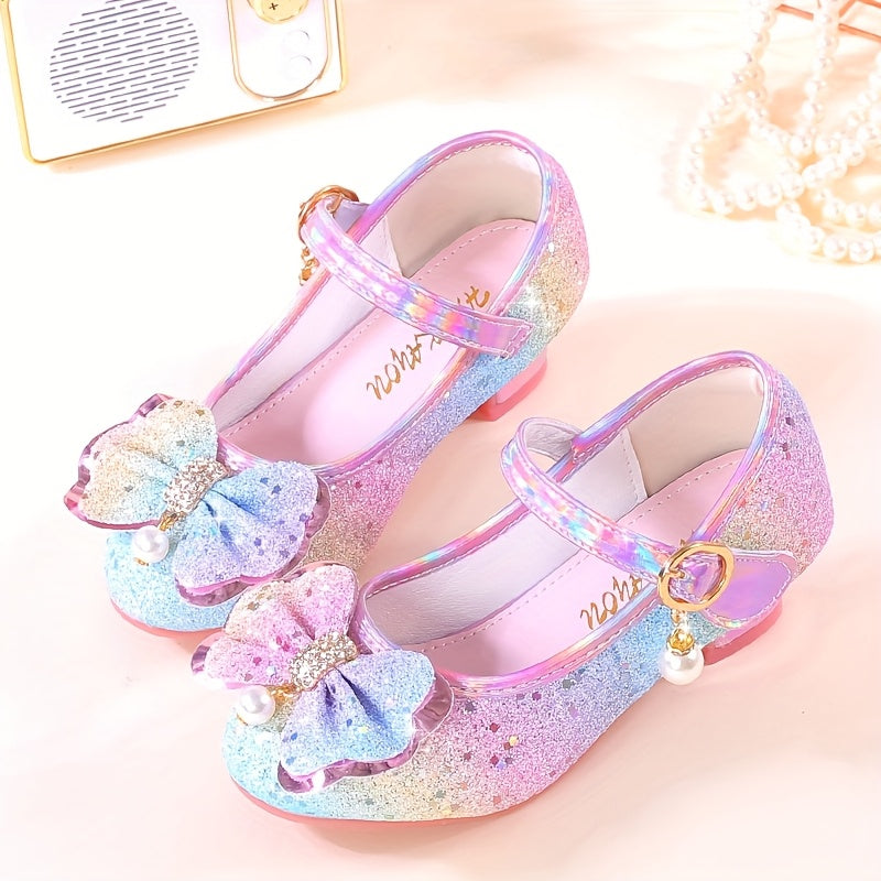 Girls' Sparkly Sequin Princess High Heels with Cute Bowknot Design, Glittery Pastel Colors, Magic Tape Closure, Lightweight Synthetic Upper & Rubber Sole - Ideal for Parties, Performances