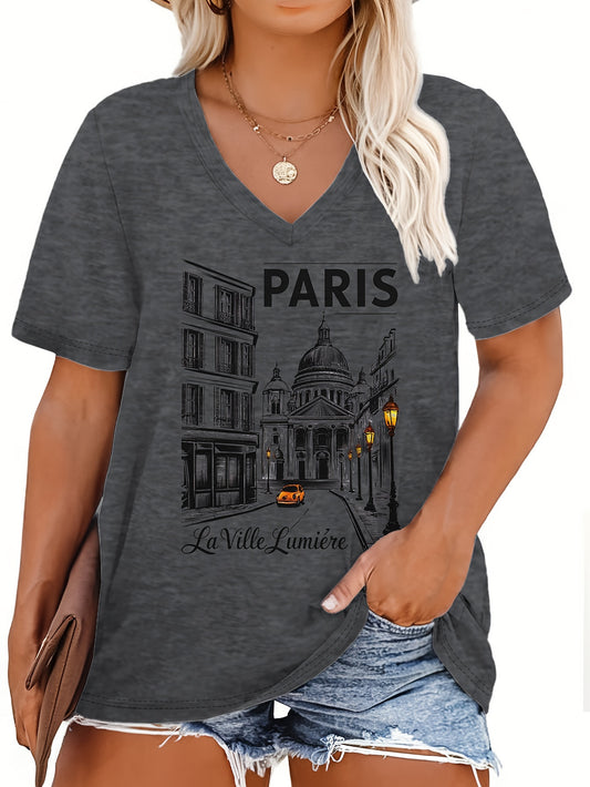 PARIS Print T-Shirt for Plus Size Women, V Neck Short Sleeve Top for Spring & Summer