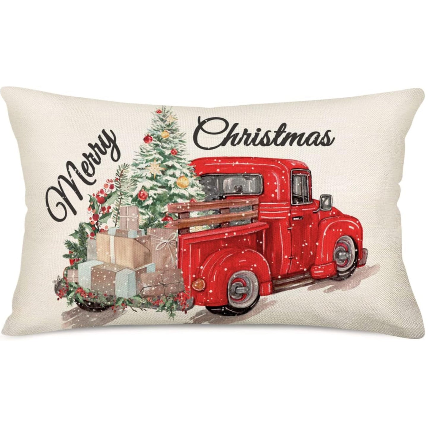 Yilni bayram ruhida o'tkazing, Merry Christmas Red Truck Pillow Cover bilan. Zamonaviy uslubda tayyorlangan, 30.48x50.8 sm o'lchamdagi bu yostiq qopqog'i mashinada yuvilishi mumkin va qulay zippered yopilishi mavjud. Bir nechta xona bezaklari uchun mos.